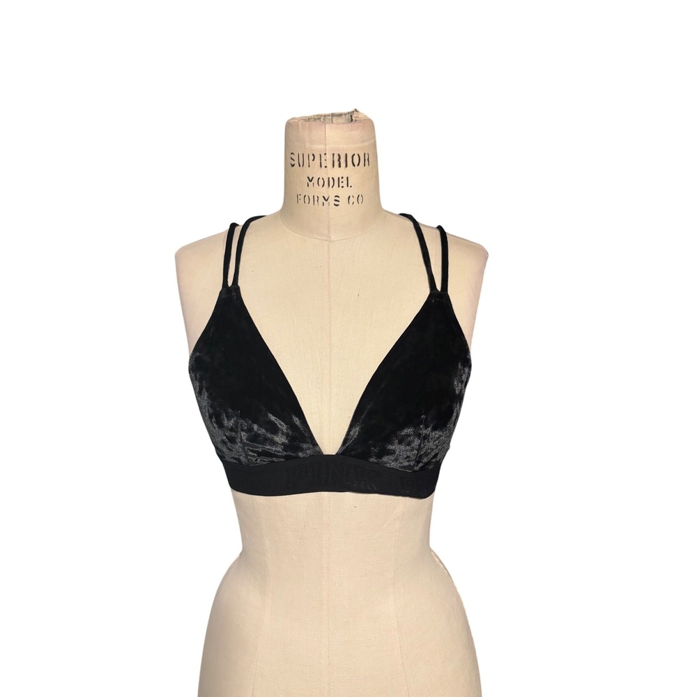 Victoria's Secret PINK Black Green Crushed Velvet Strappy Bra Small Feminine